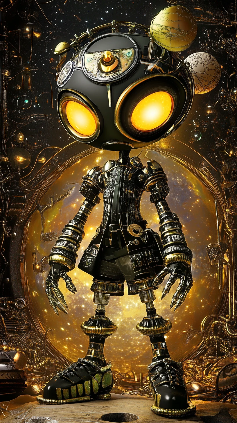 Cyberpunk humanoid creature in a warped cosmic void