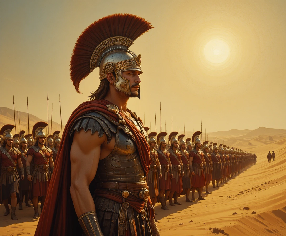 Centurione romano che guida una legione attraverso le dorate sabbie del deserto