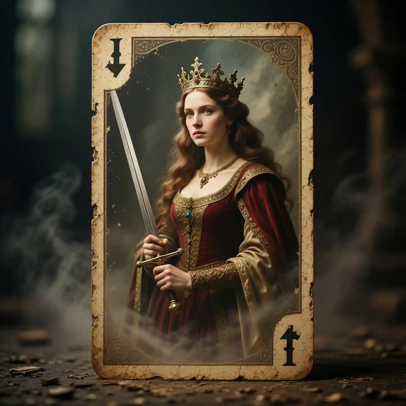 Queen with sword emerging from weathered playing card