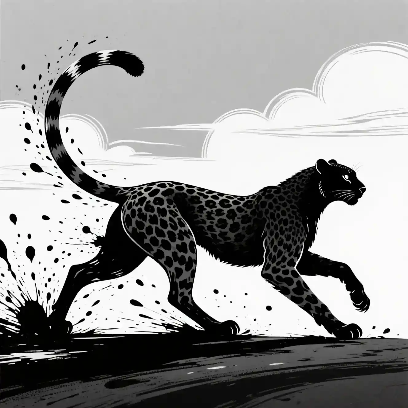 Stylized ink cheetah sprinting through minimalist clouds