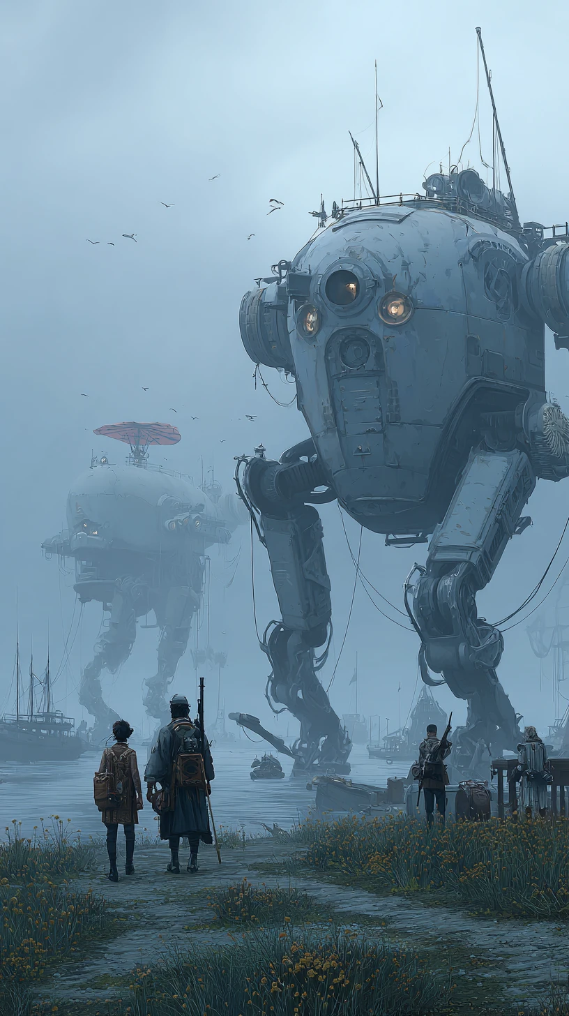 Explorers Journey Through Vast Alien Machine Filled Landscape