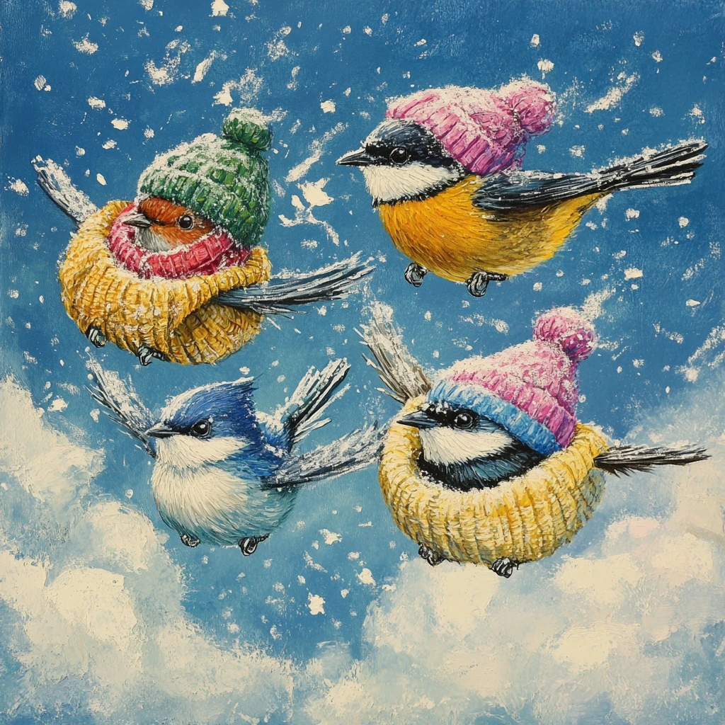 穿著冬裝的彩色小鳥在雪天空中飛翔
