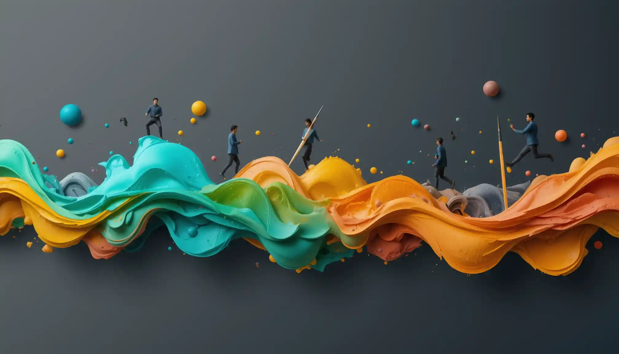 Bannière 3D abstraite avec formes fluides et outils artistiques