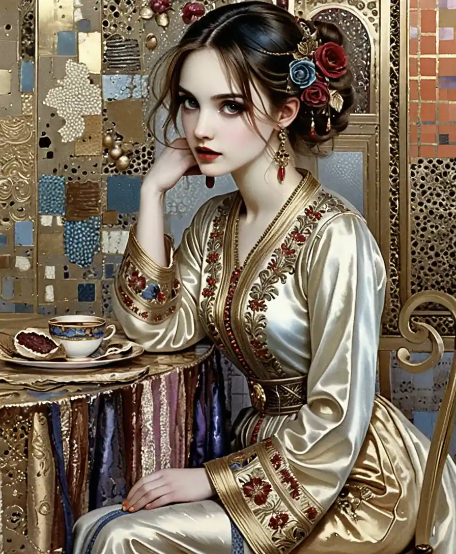 Elegante donna in abito rosso a un tavolino di un caffè vintage