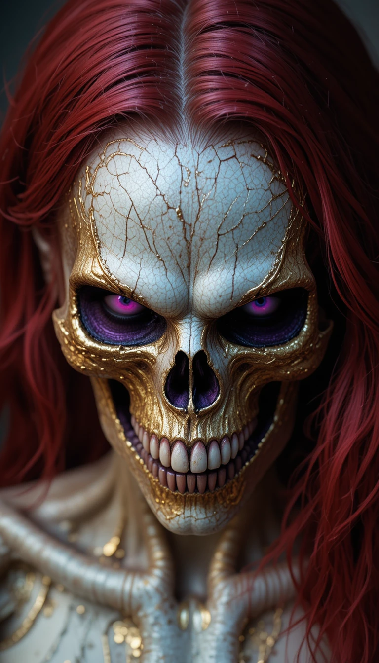 Frightening golden skull faced woman with blood red hair
