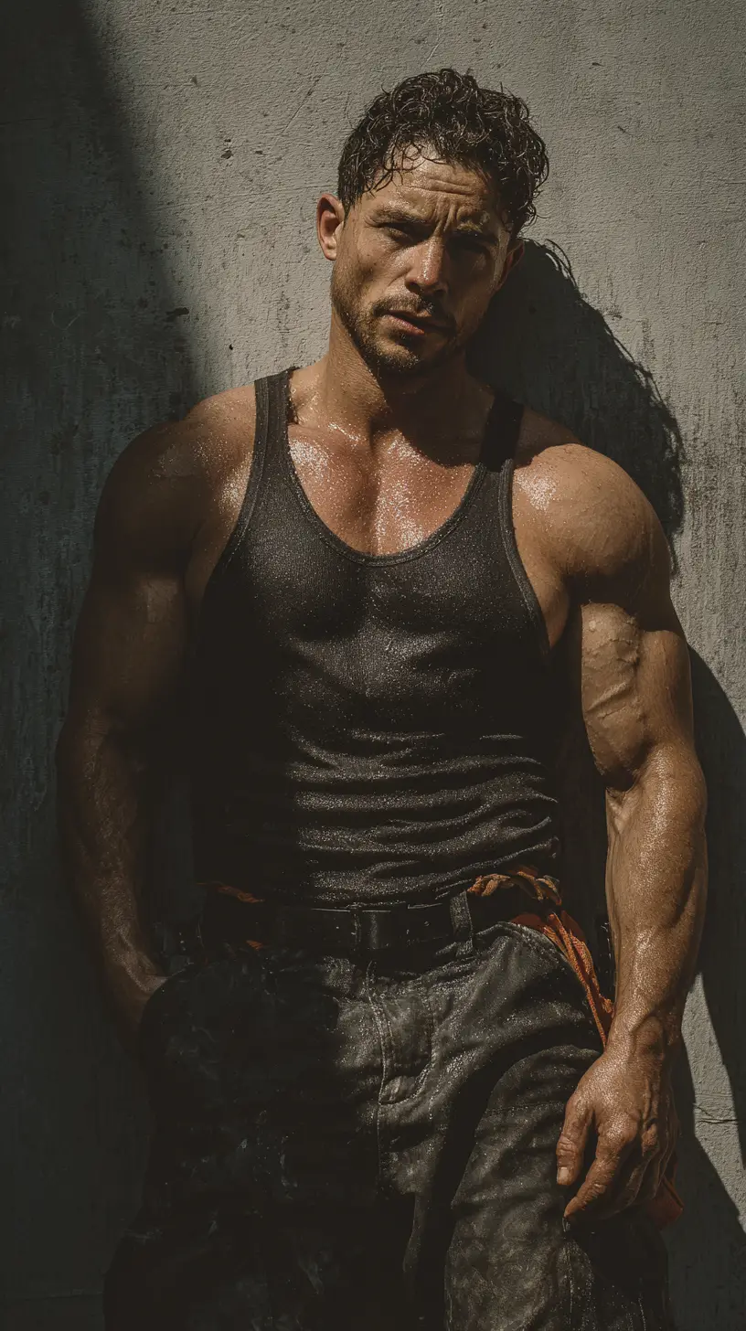 Muscular construction worker resting against an industrial wall
