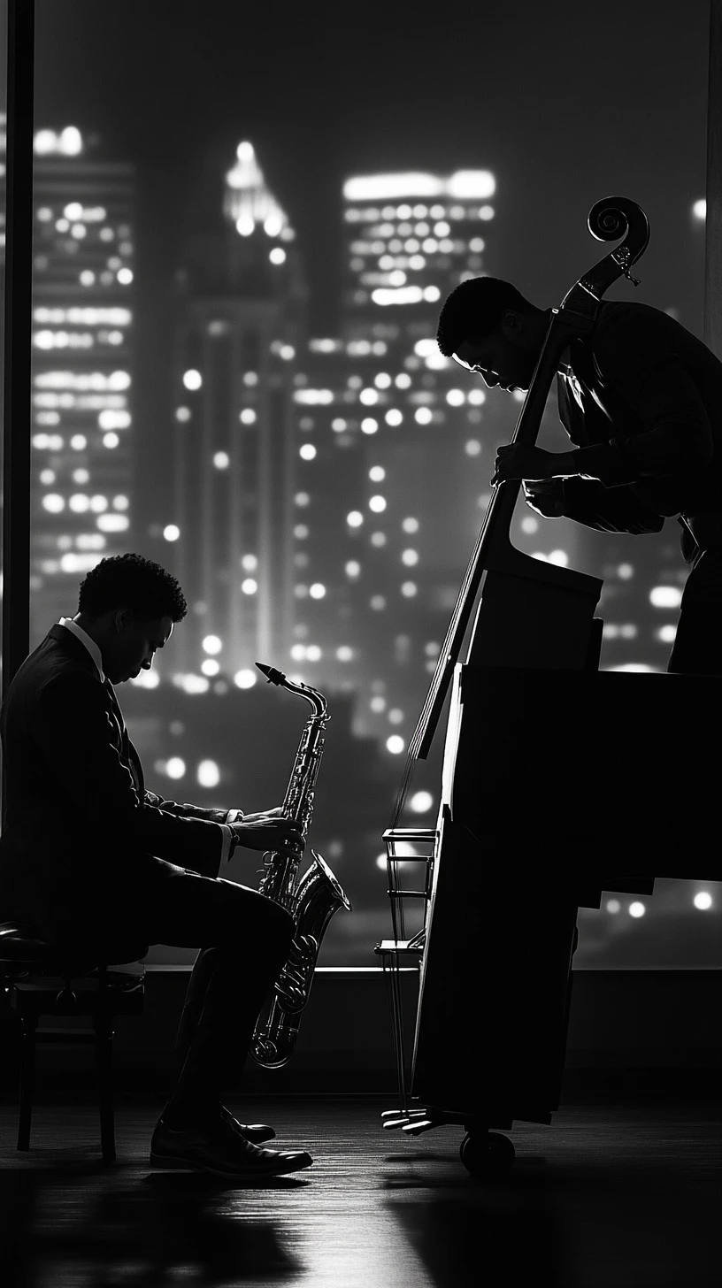 Jazz musicians performing in a club with city skyline