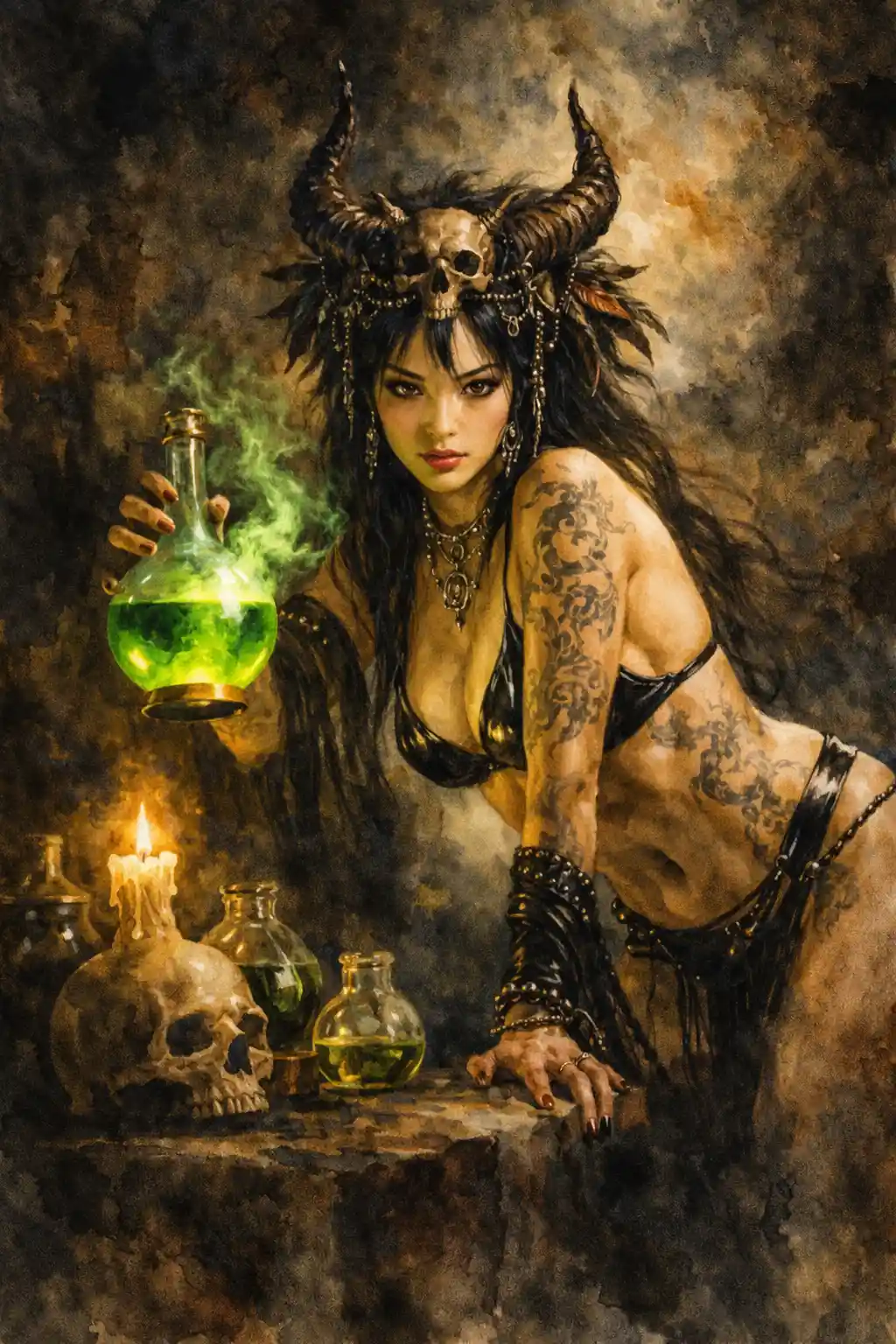 East Asian sorceress with glowing potion in dungeon