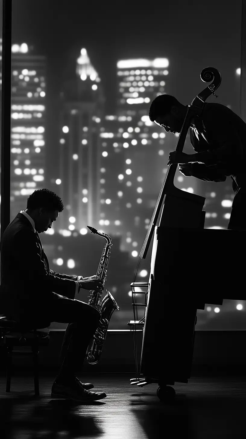 Jazz musicians performing in a club with city skyline