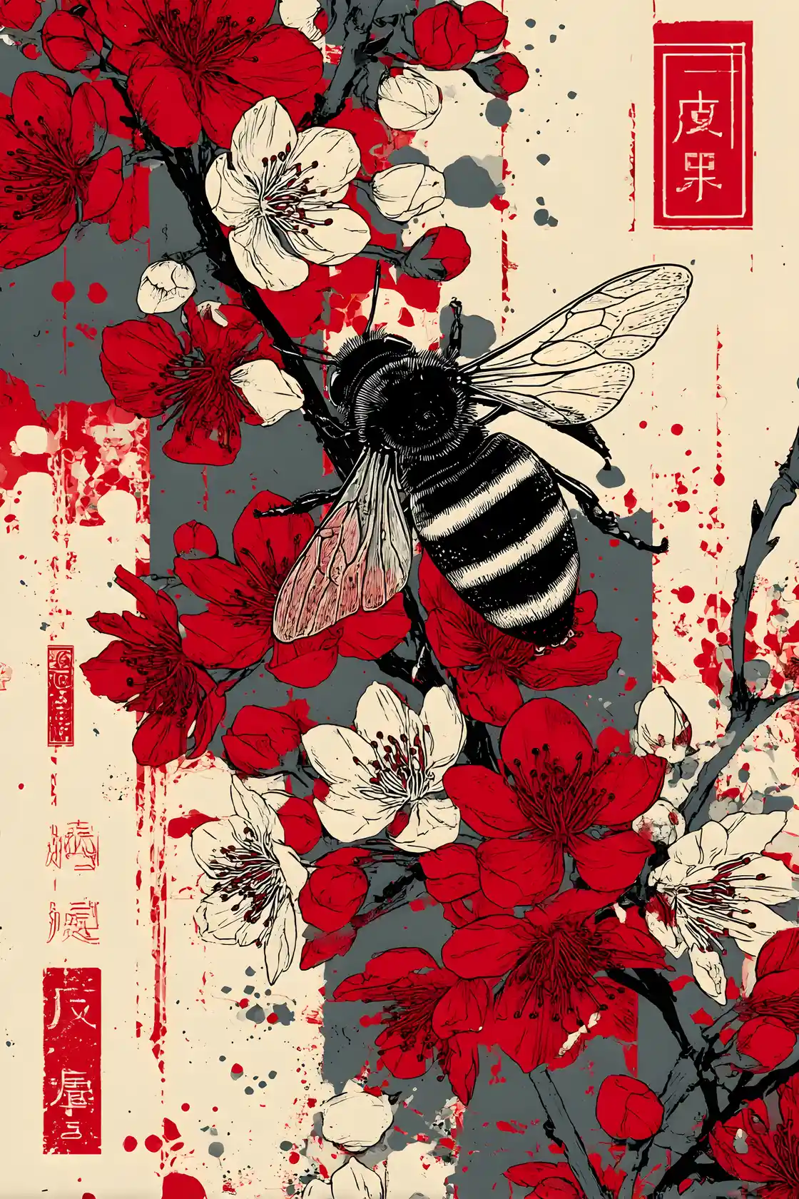 Watercolor queen bee in Japanese splash woodblock style