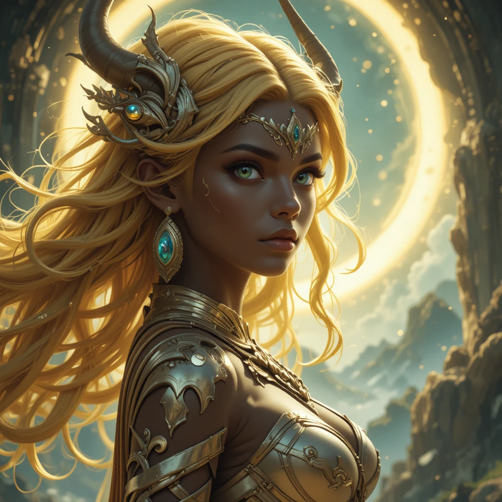 Young golden skinned goddess with amber eyes and yellow hair