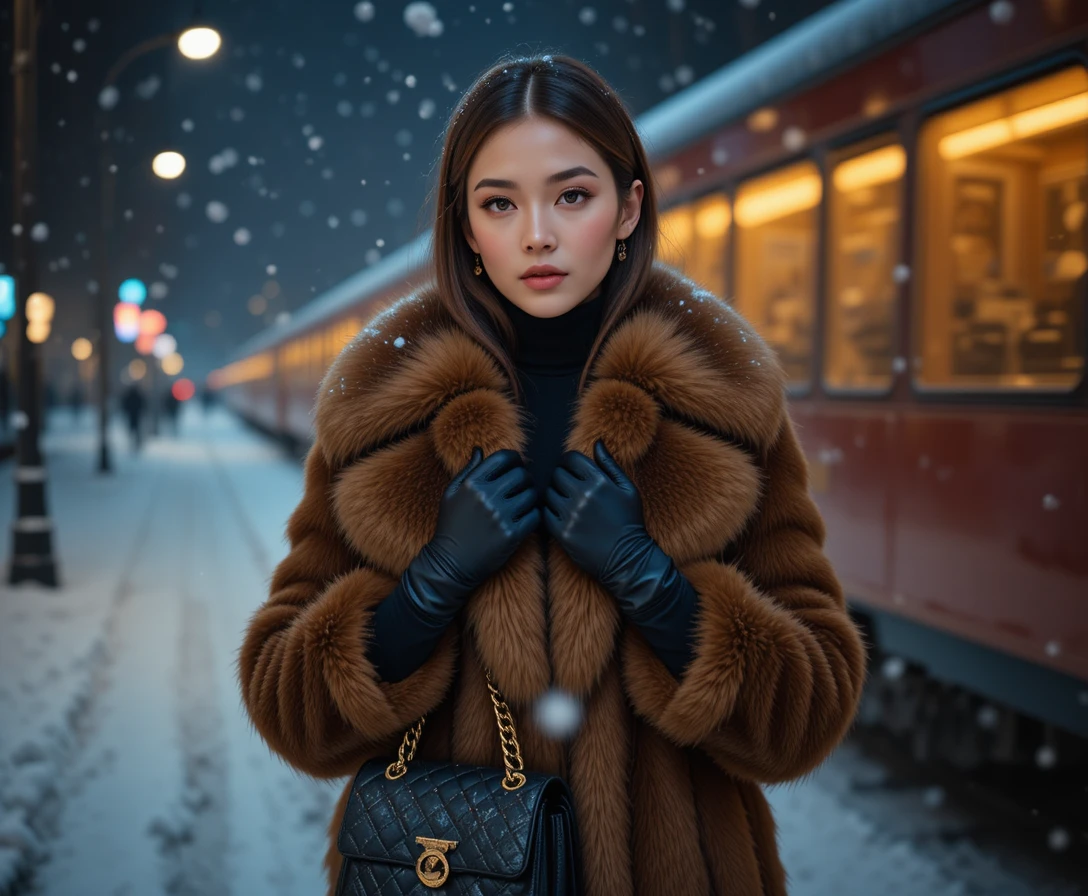 雪の冬の夜にたたずむ毛皮のコートをまとったエレガントな女性