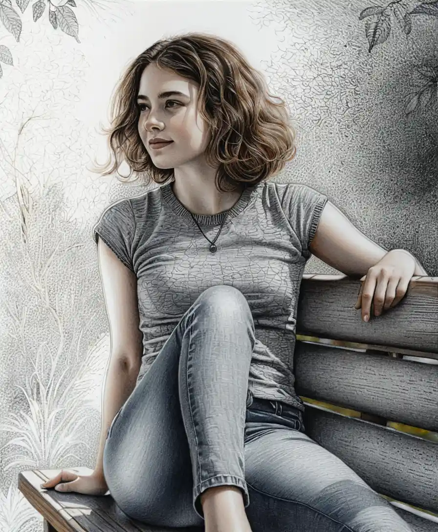Young woman on wooden bench in colored pencil portrait