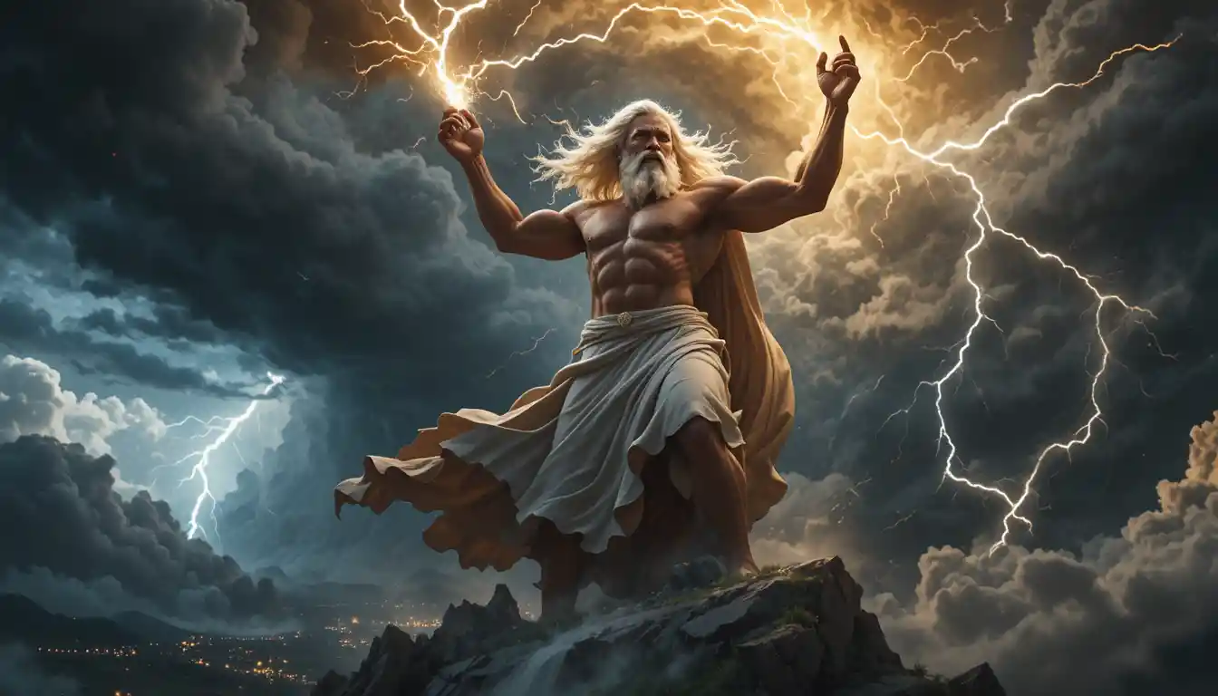 Zeus che scatena fulmini da un cielo tempestoso