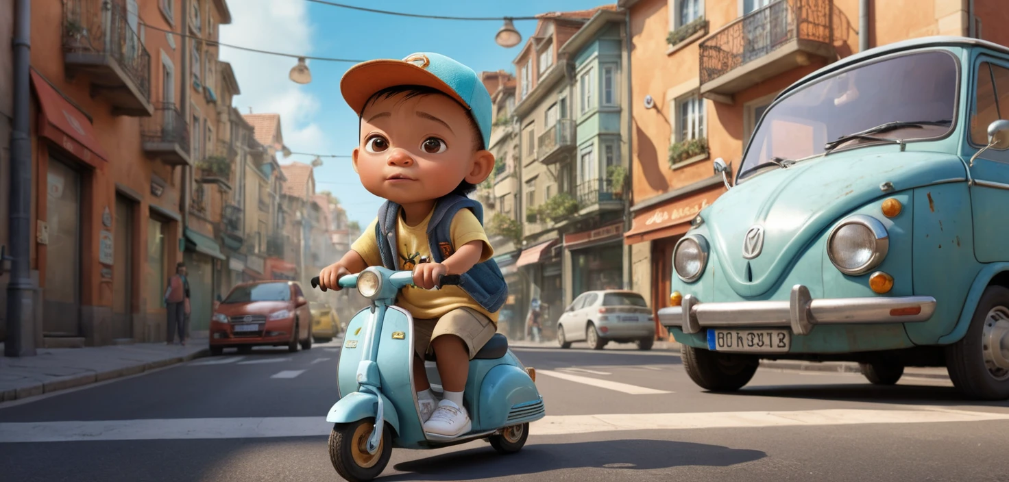 Happy baby riding a scooter on a pastel city street