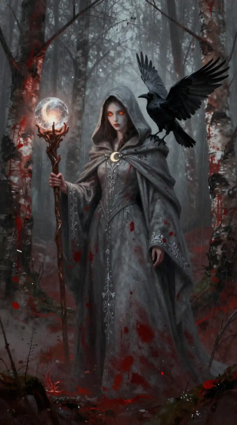 Ancient Sorceress In A Bloodstained Birch Forest