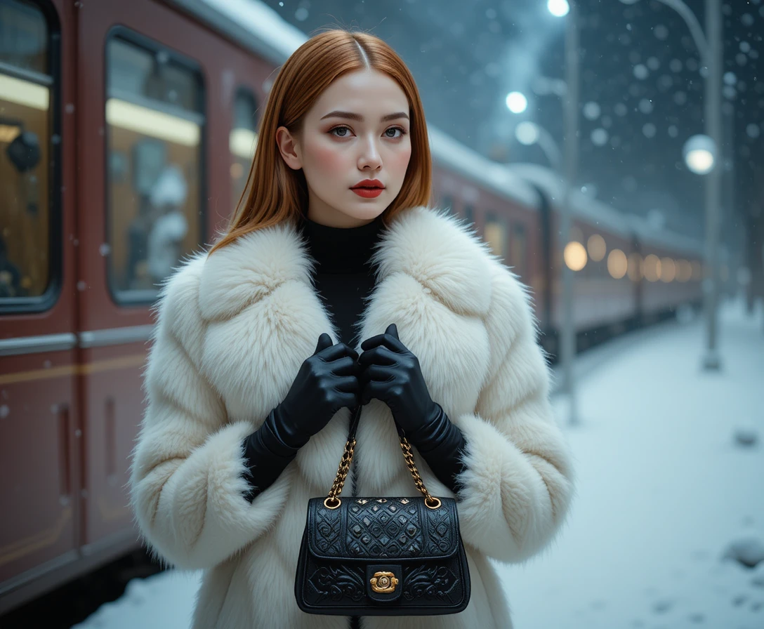 雪の冬の夜に佇む白い毛皮のコートを纏ったエレガントな女性