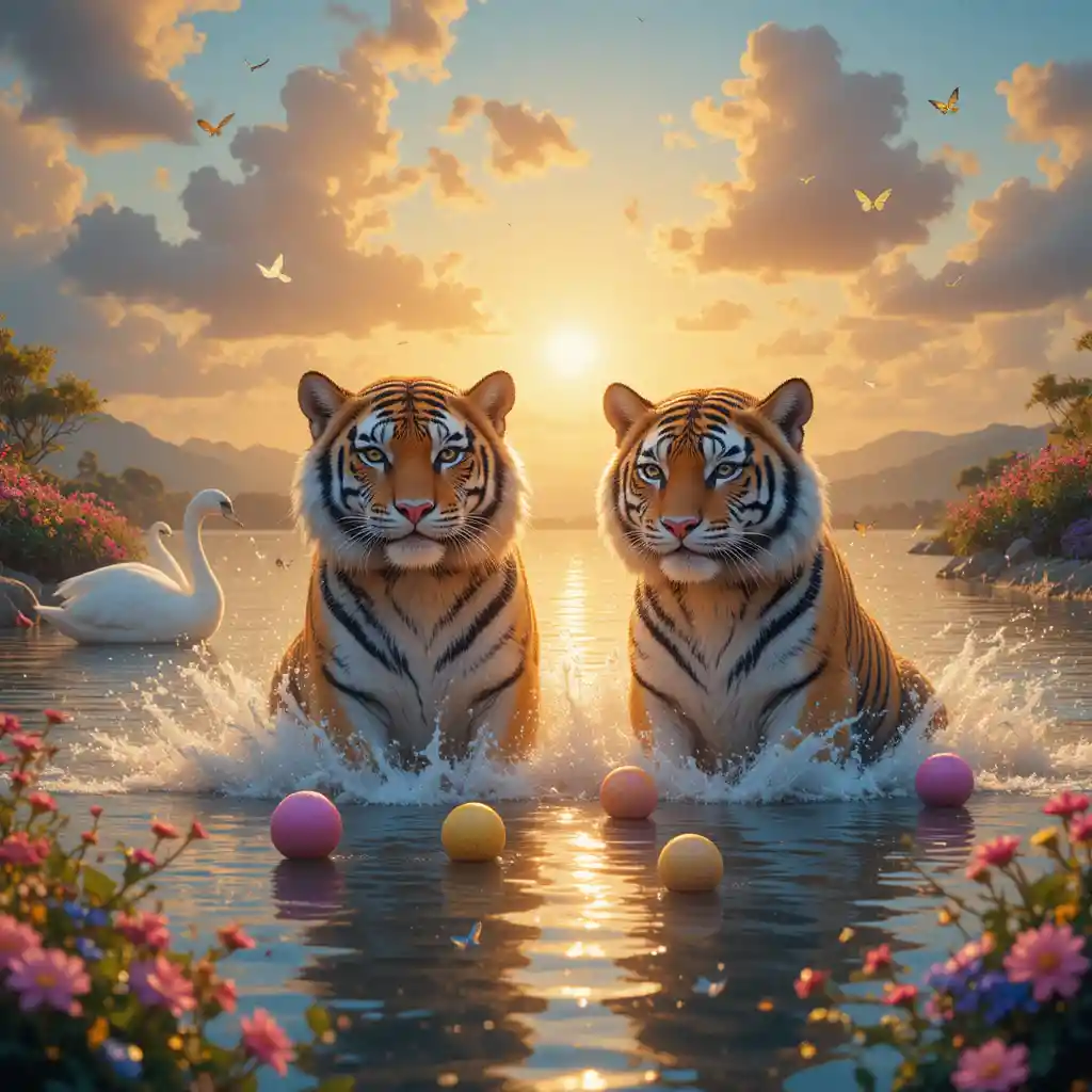 Verspielte Tiger planschen in einem traumhaften See zur Goldenen Stunde