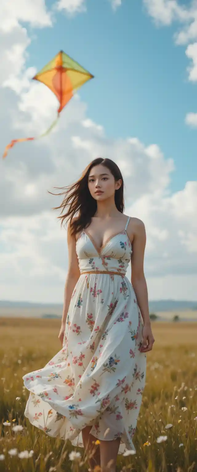 Frau im Sommerkleid auf windiger Graslandschaft mit Drachen