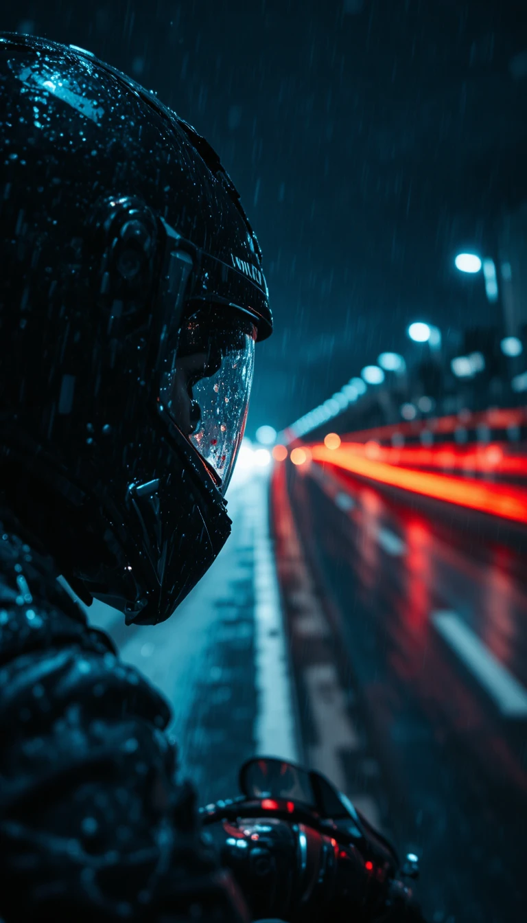 Capacete de moto marcado pela chuva à noite em rodovia veloz