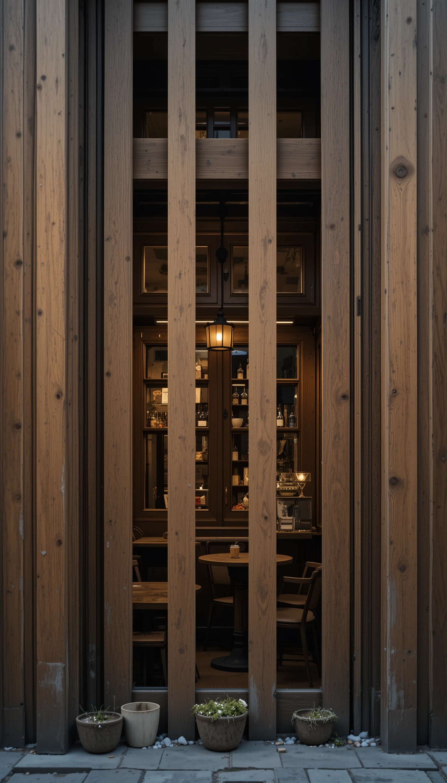 Cozy coffee shop framed by rustic wooden panels