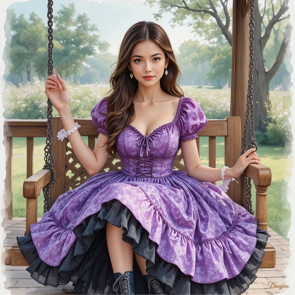 Girl in purple dress sitting on a wooden porch swing