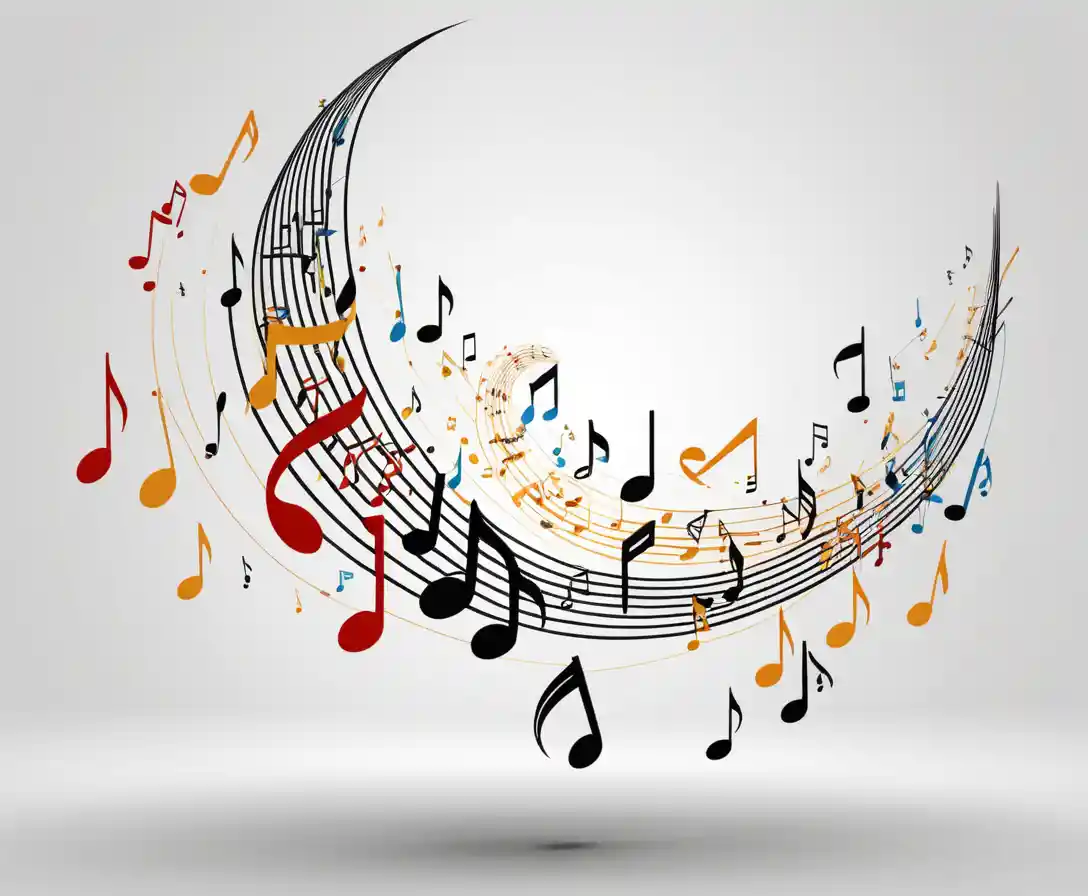 Note musicali fluttuanti in una composizione astratta dinamica