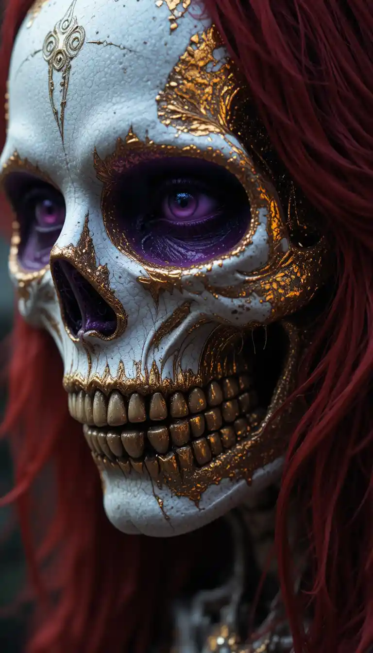 Frightening golden skull faced woman with blood red hair