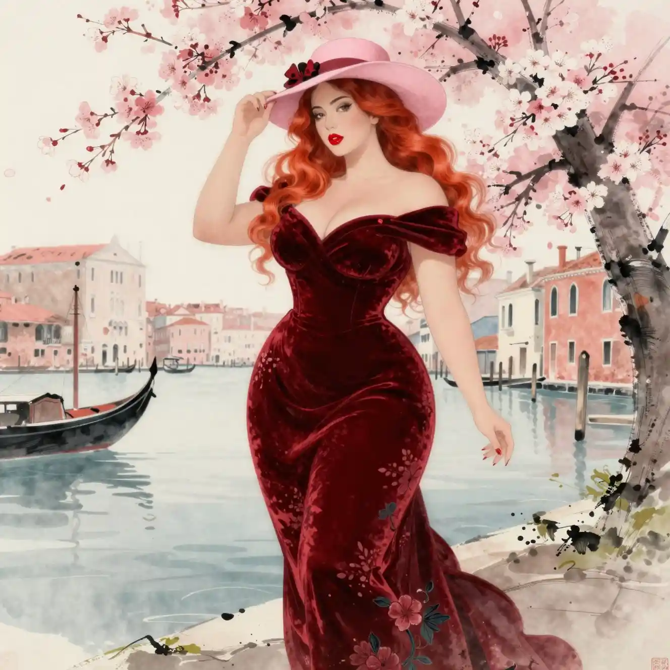 Elegant woman in red dress by a blossoming venetian harbor