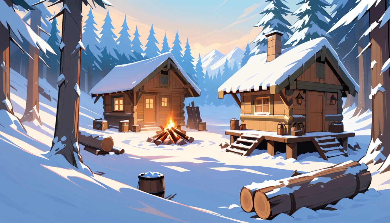 Rustic wooden outpost in a snowy forest clearing