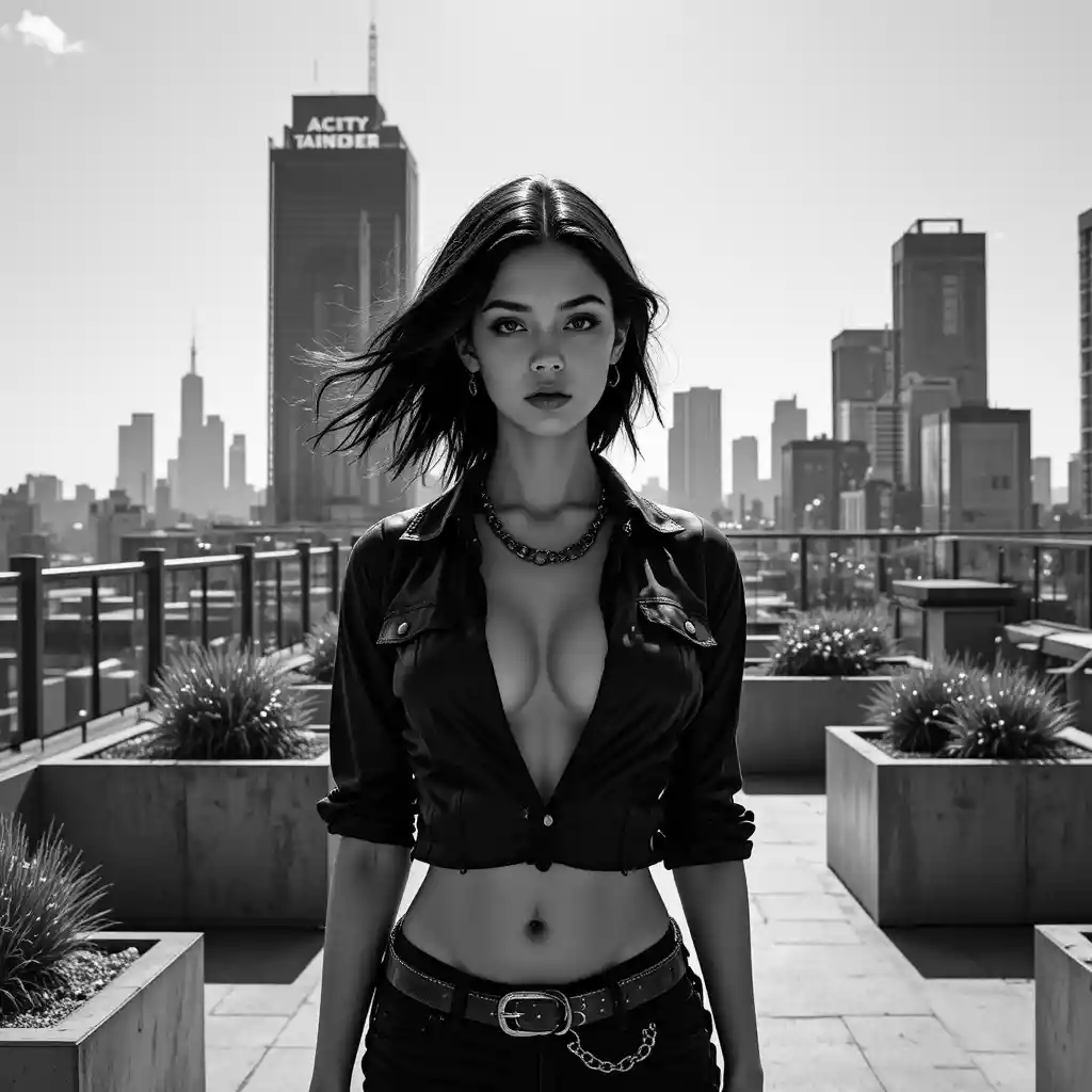 Cyberpunk fashion woman on rooftop in stark daylight