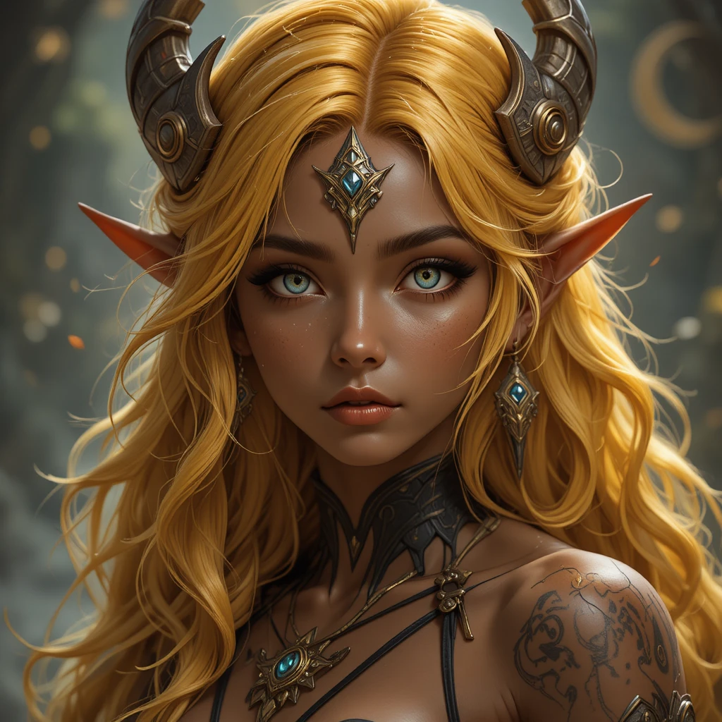 Golden skinned goddess of daylight with amber eyes