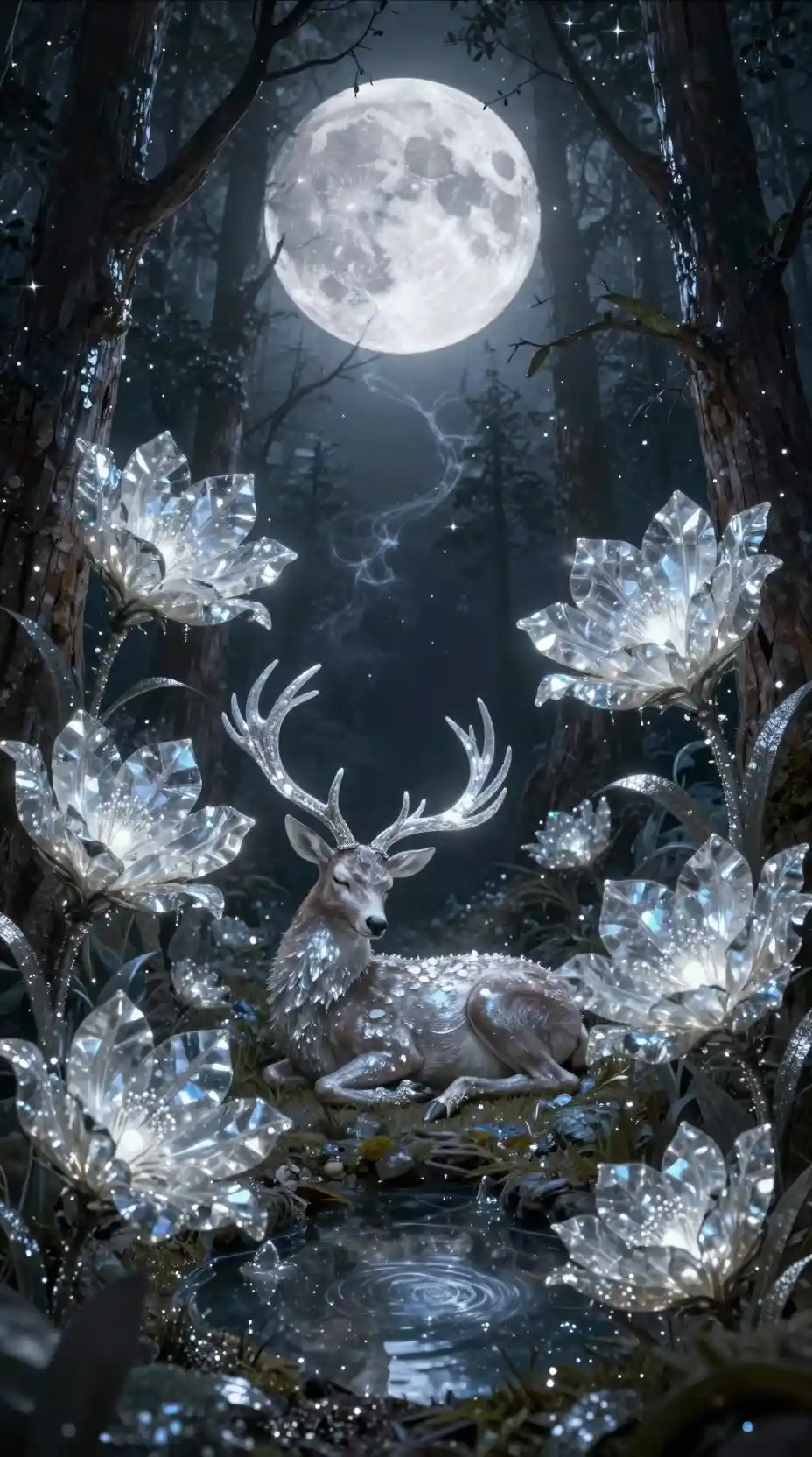 Enchanted forest of colossal crystal flowers under moonlight