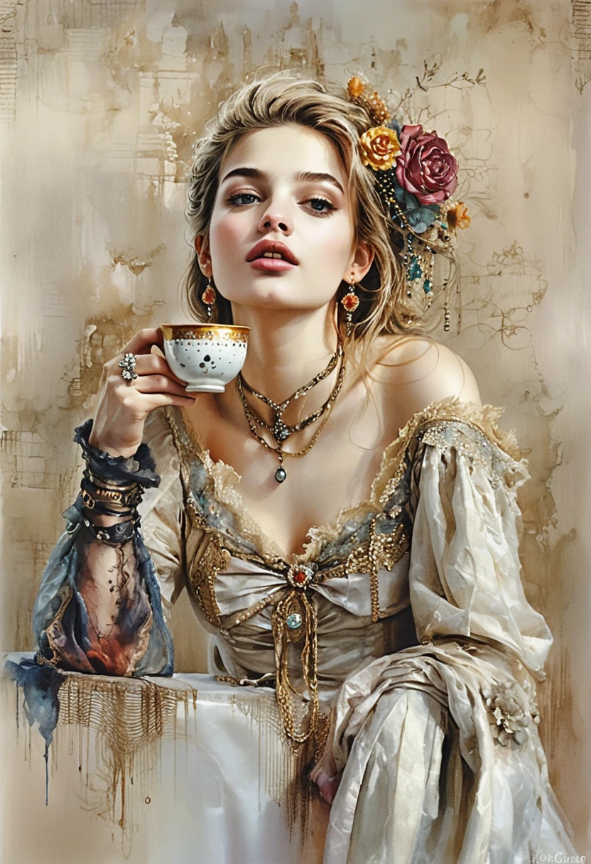Elegant woman in red gown at a romantic cafe table