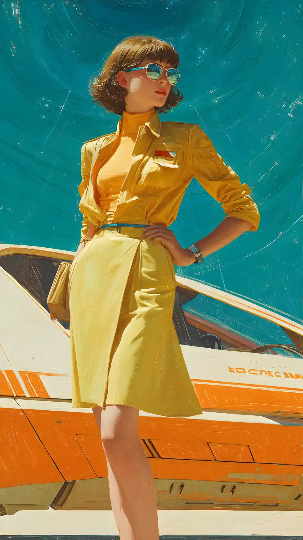 Seventies calendar girl posing by a futuristic car