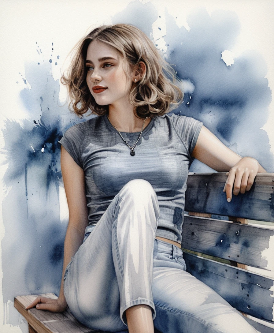 Young woman sitting sideways on a wooden park bench