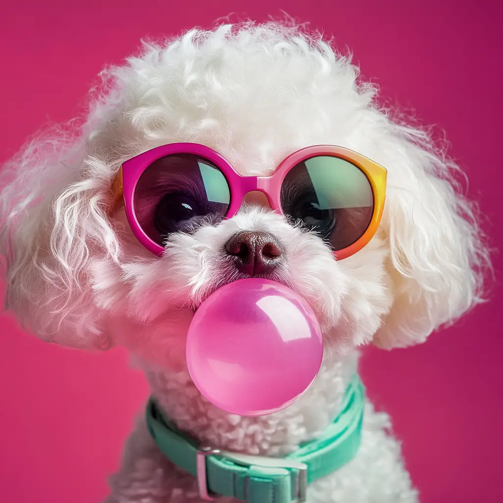 Trendy small dog blowing pink bubble gum in sunglasses