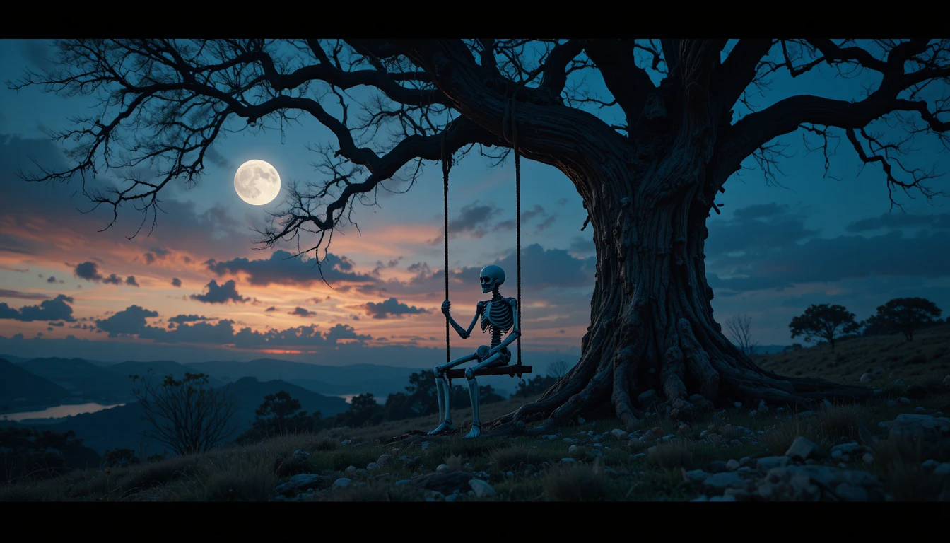 Esqueleto en un Columpio Bajo un Árbol al Crepúsculo a la Luz de la Luna