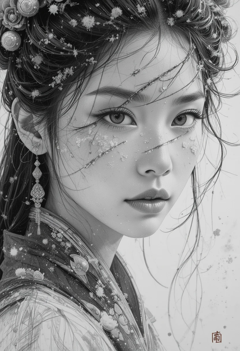 Qin dynasty woman close up in swirling snow pencil sketch