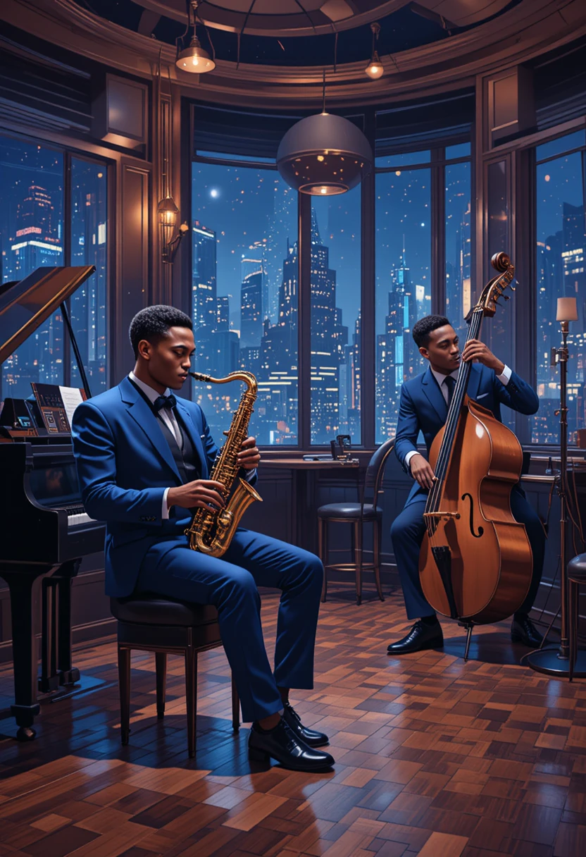 Saxophoniste de jazz stylé jouant dans un lounge élégant