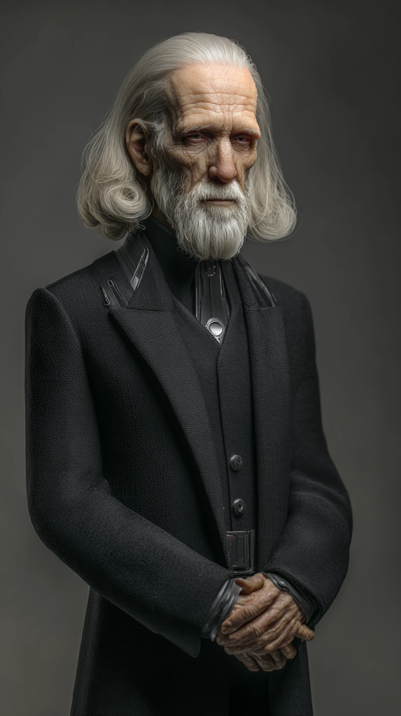Ritratto di uomo anziano in abito nero con lunghi capelli grigi