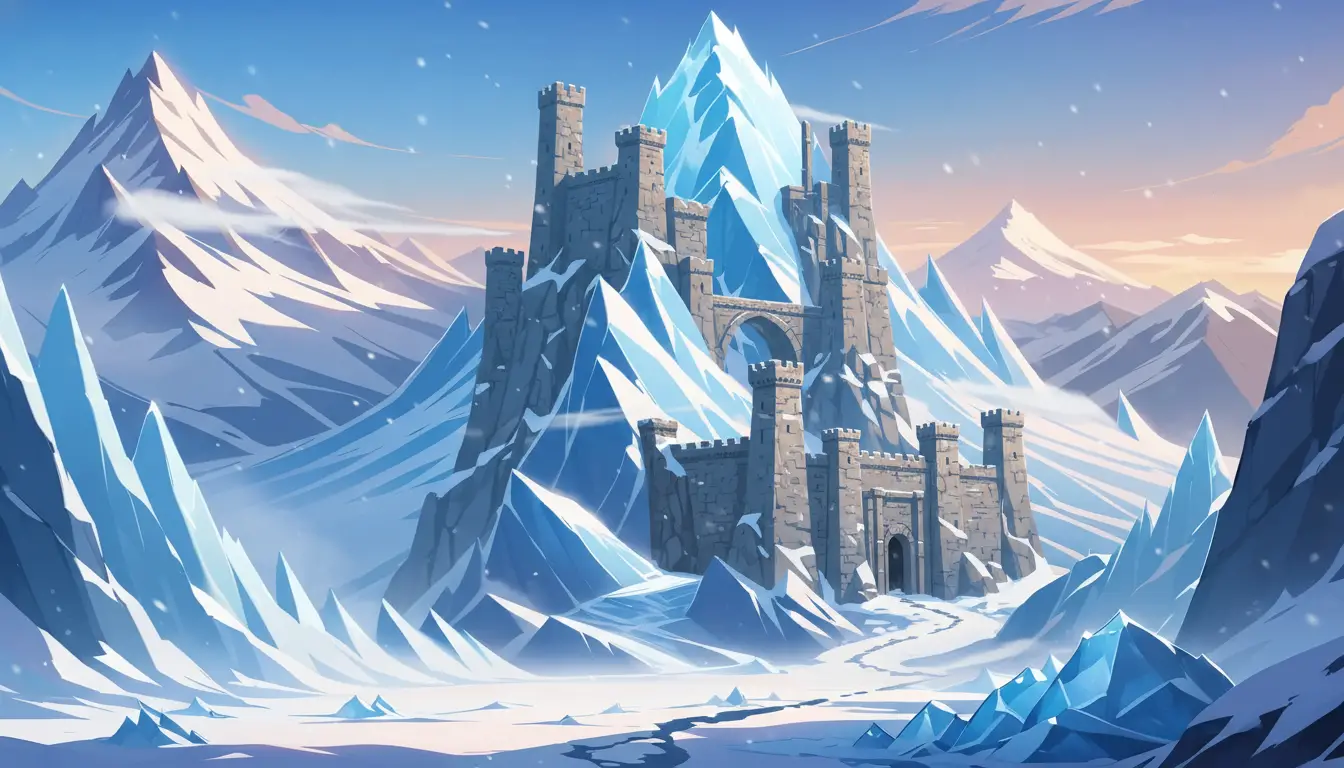 Ancient stone fortress carved into a sheer icy mountain cliff