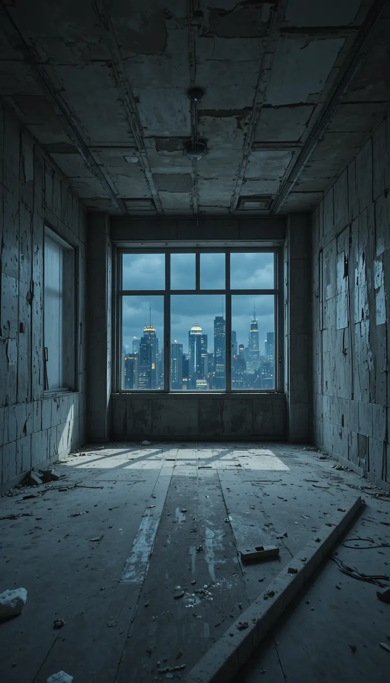 Moody unfinished penthouse bedroom with concrete walls