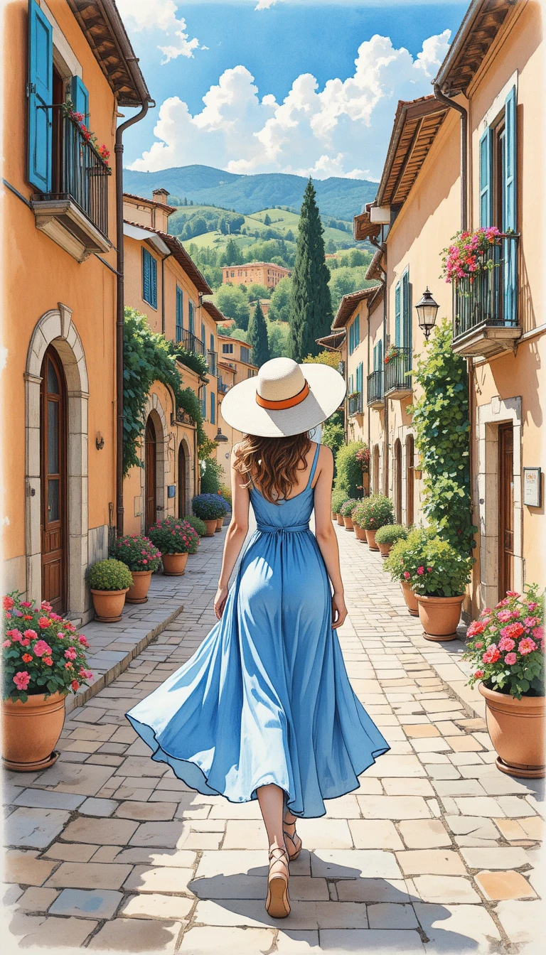 Young woman in lavender dress walking sunlit Mediterranean alley