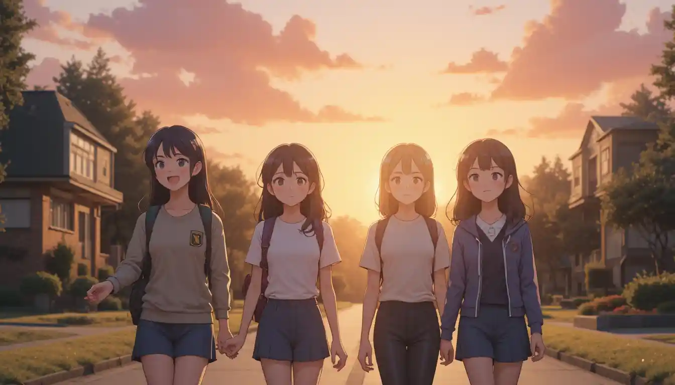 Anime friends walking from school under a gentle sunset sky