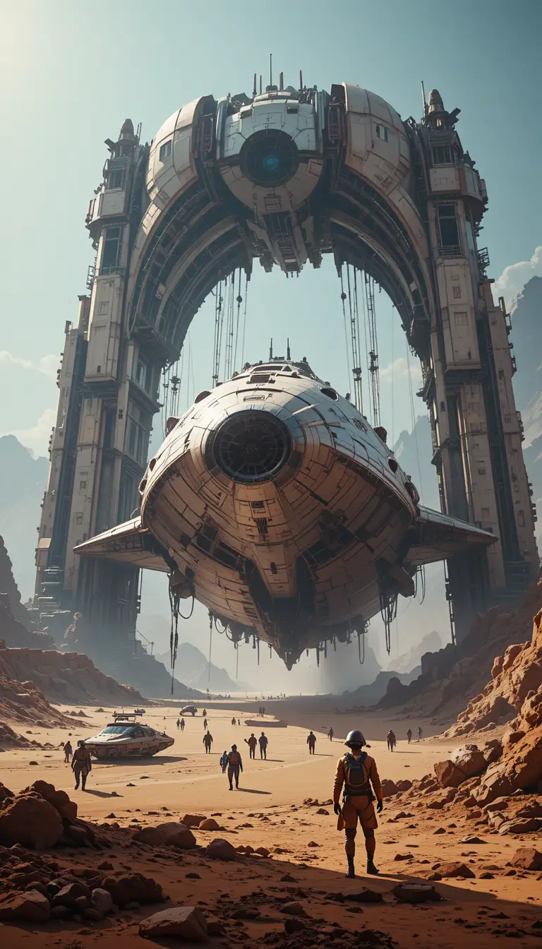 Gigantic spaceships under a futuristic desert refit arch