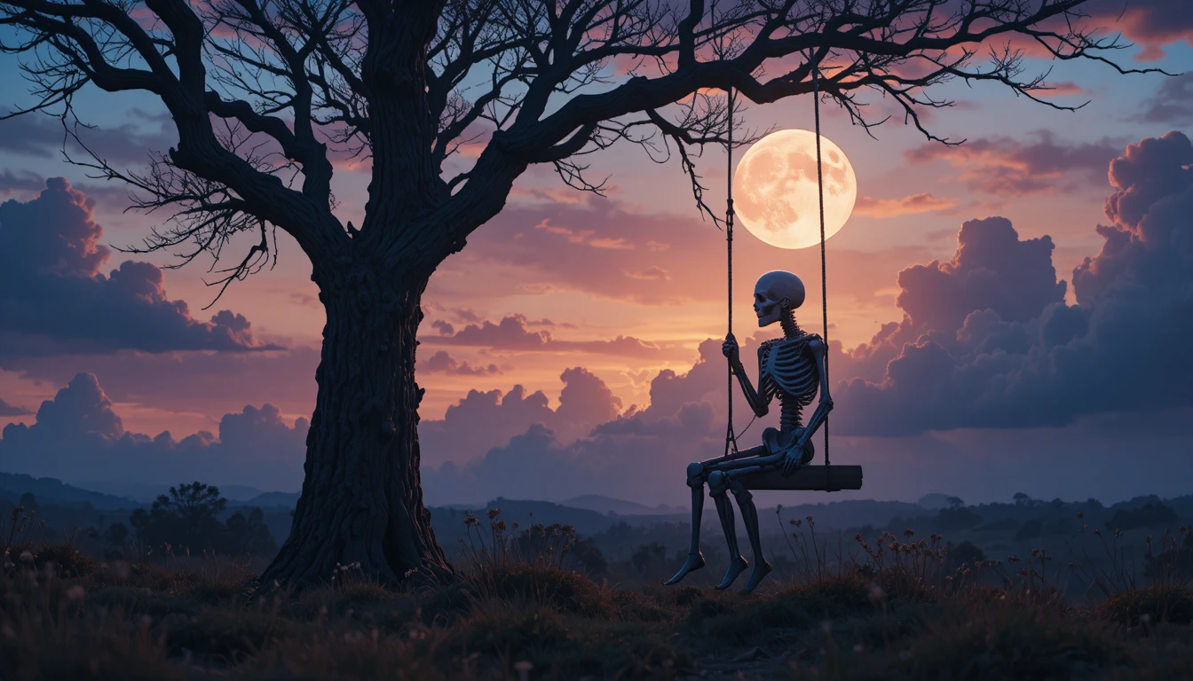 Esqueleto solitario en un columpio bajo una luna llena brillante