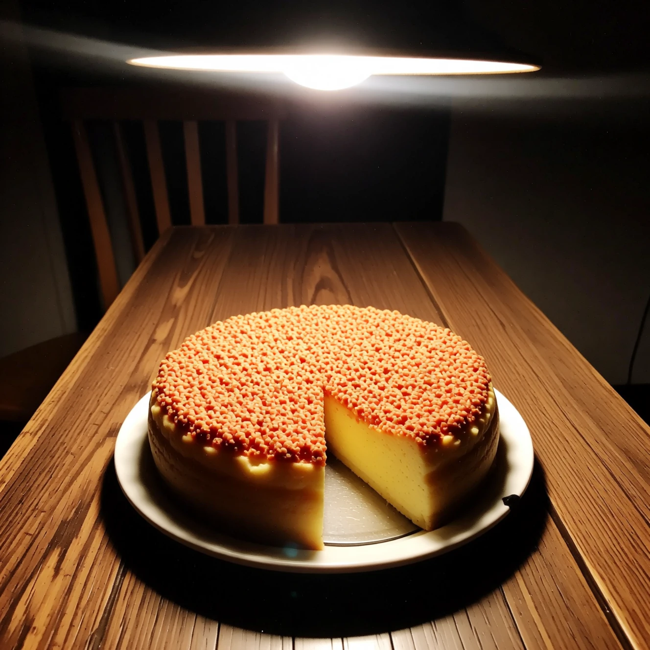 素朴な木のカフェテーブルの上の日本風チーズケーキの一切れ