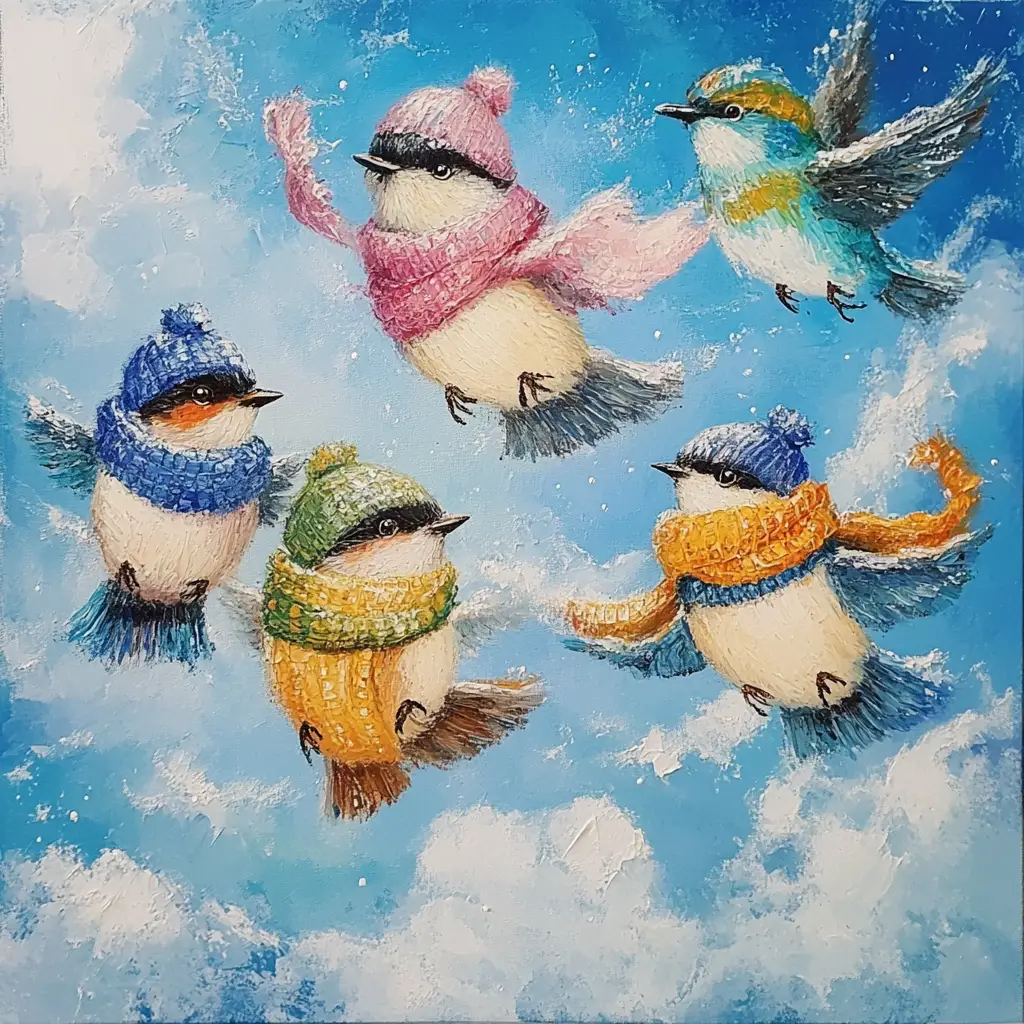 Colorful birds in coats flying in a snowy cloudy sky