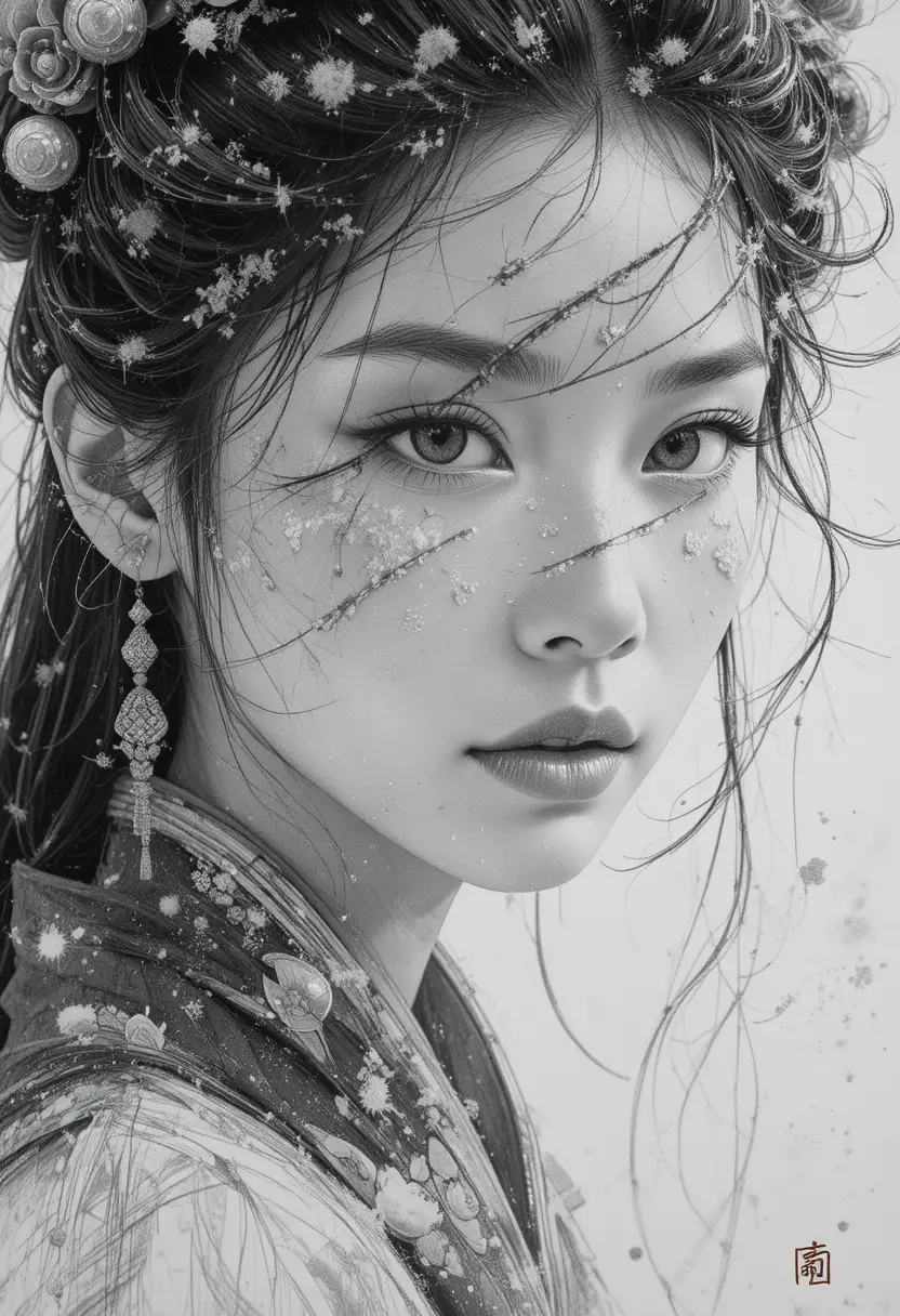 Qin dynasty woman close up in swirling snow pencil sketch